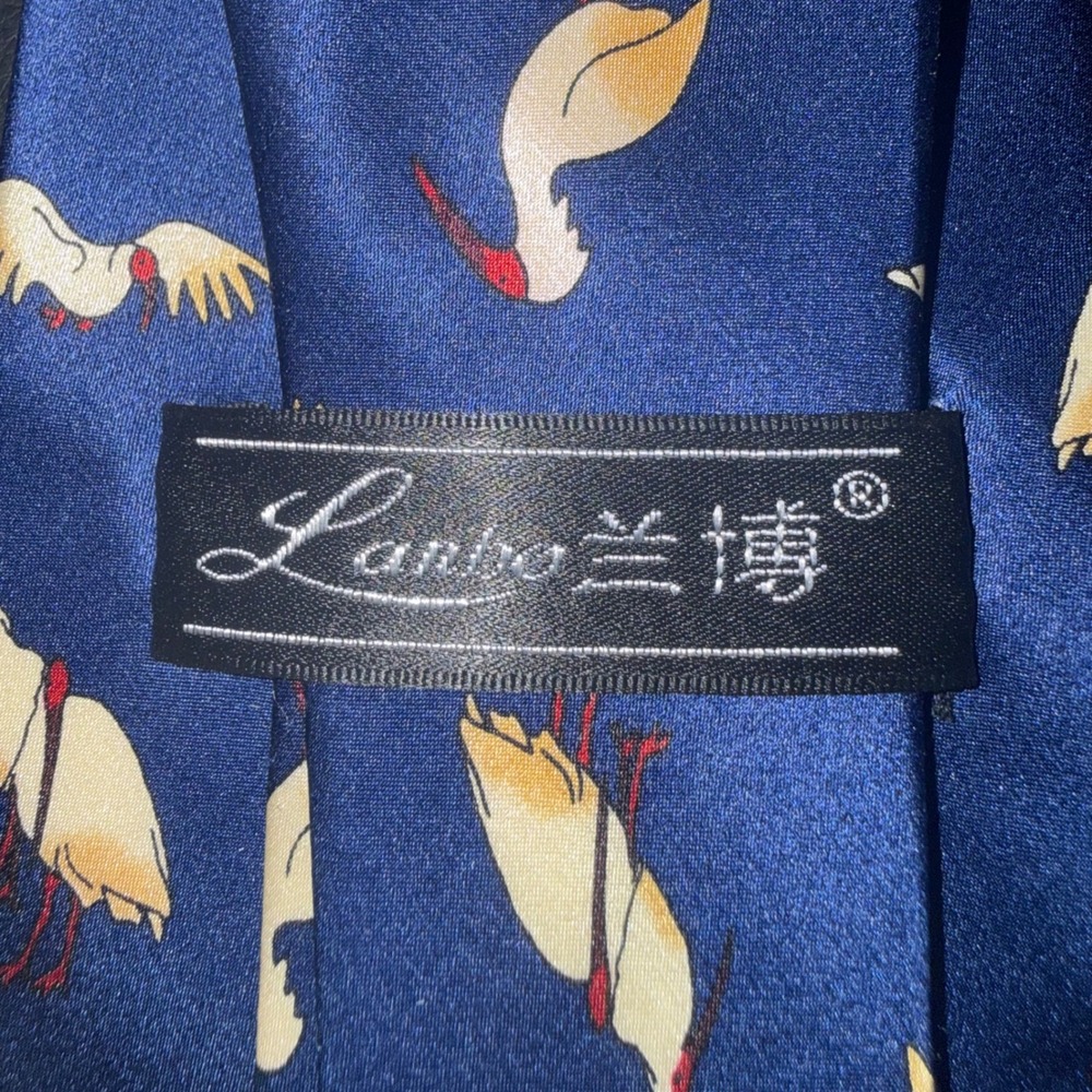 Vintage Lanbo Mens Silk Necktie Navy Blue‎ Crane Ibis Bird Pattern Tie - Picture 3 of 4